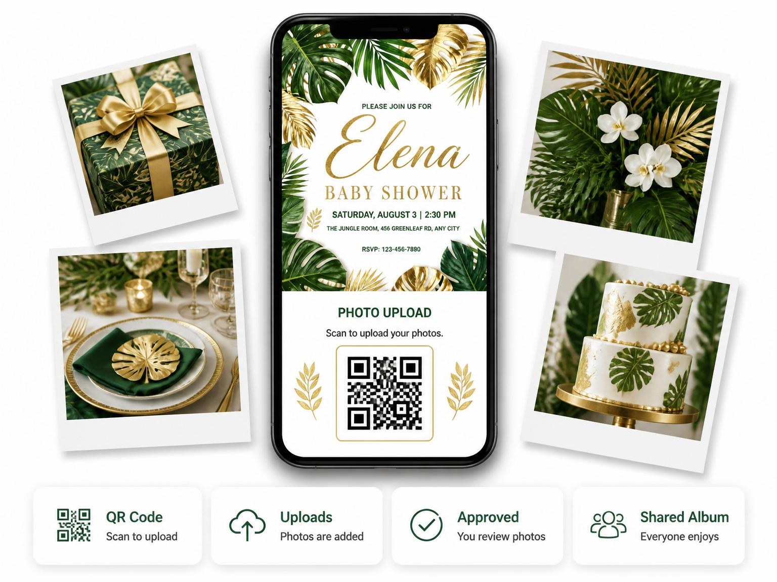 The shared photo gallery that comes with the Gold Jungle Baby Shower Invitation invitation