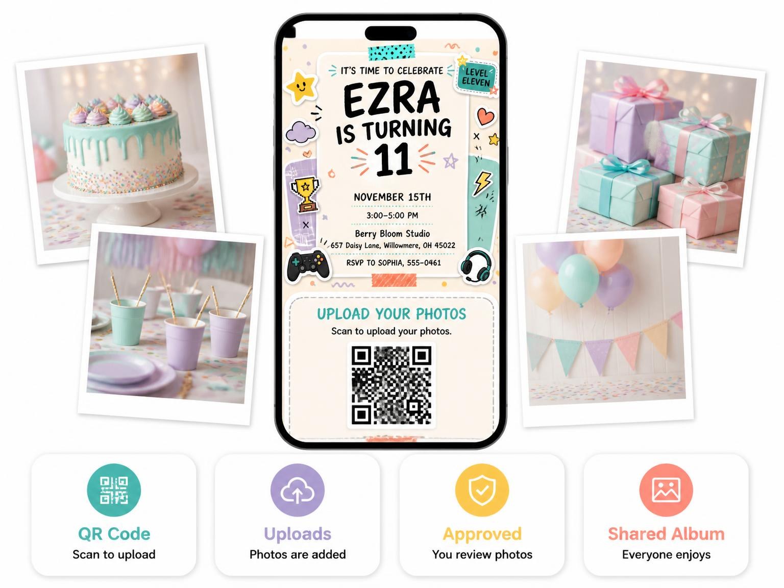 The shared photo gallery that comes with the Gaming Setup Pastel 11th Birthday Invitation invitation