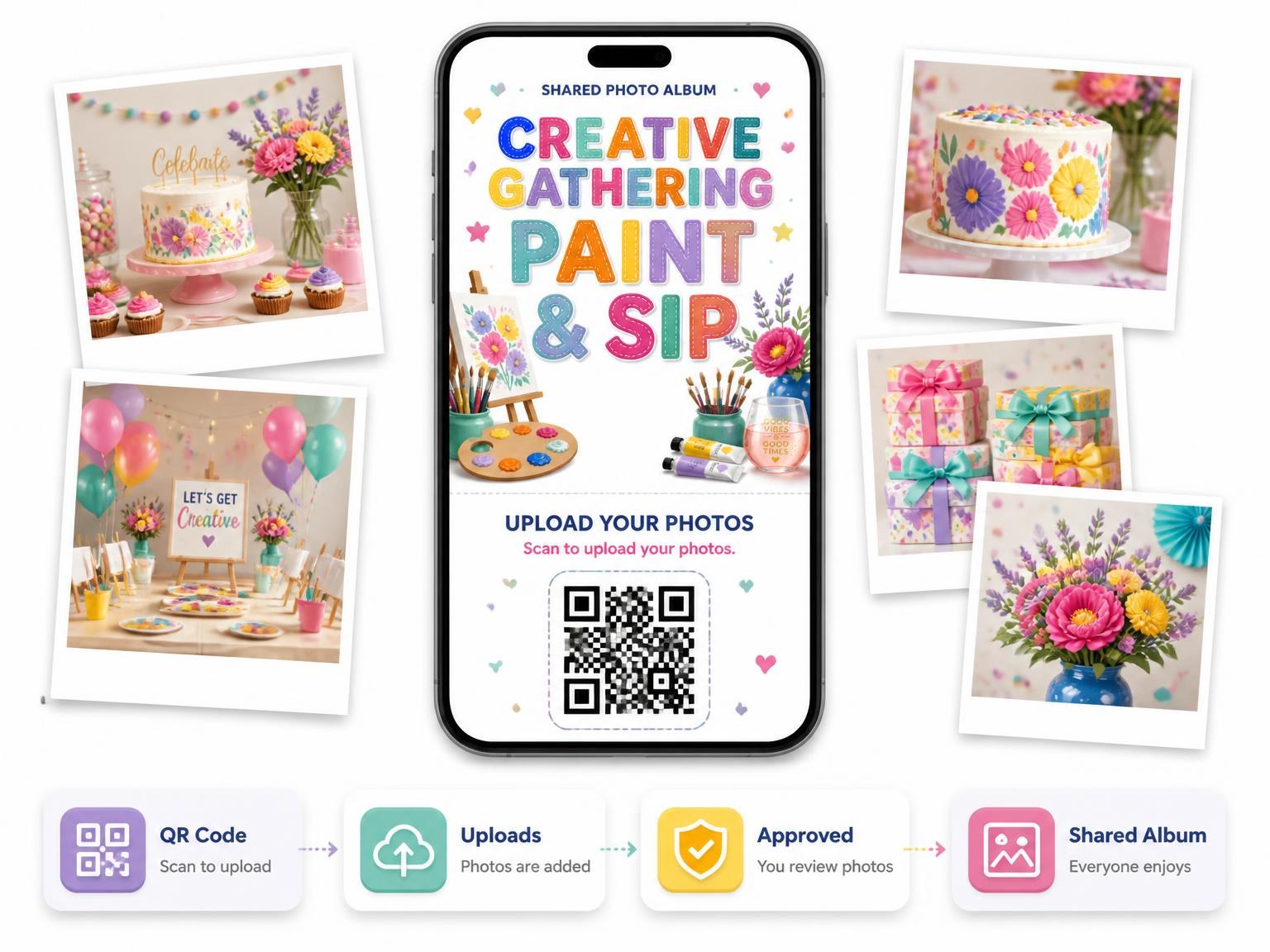The shared photo gallery that comes with the Mini Easel Paint & Sip Party Invitation invitation
