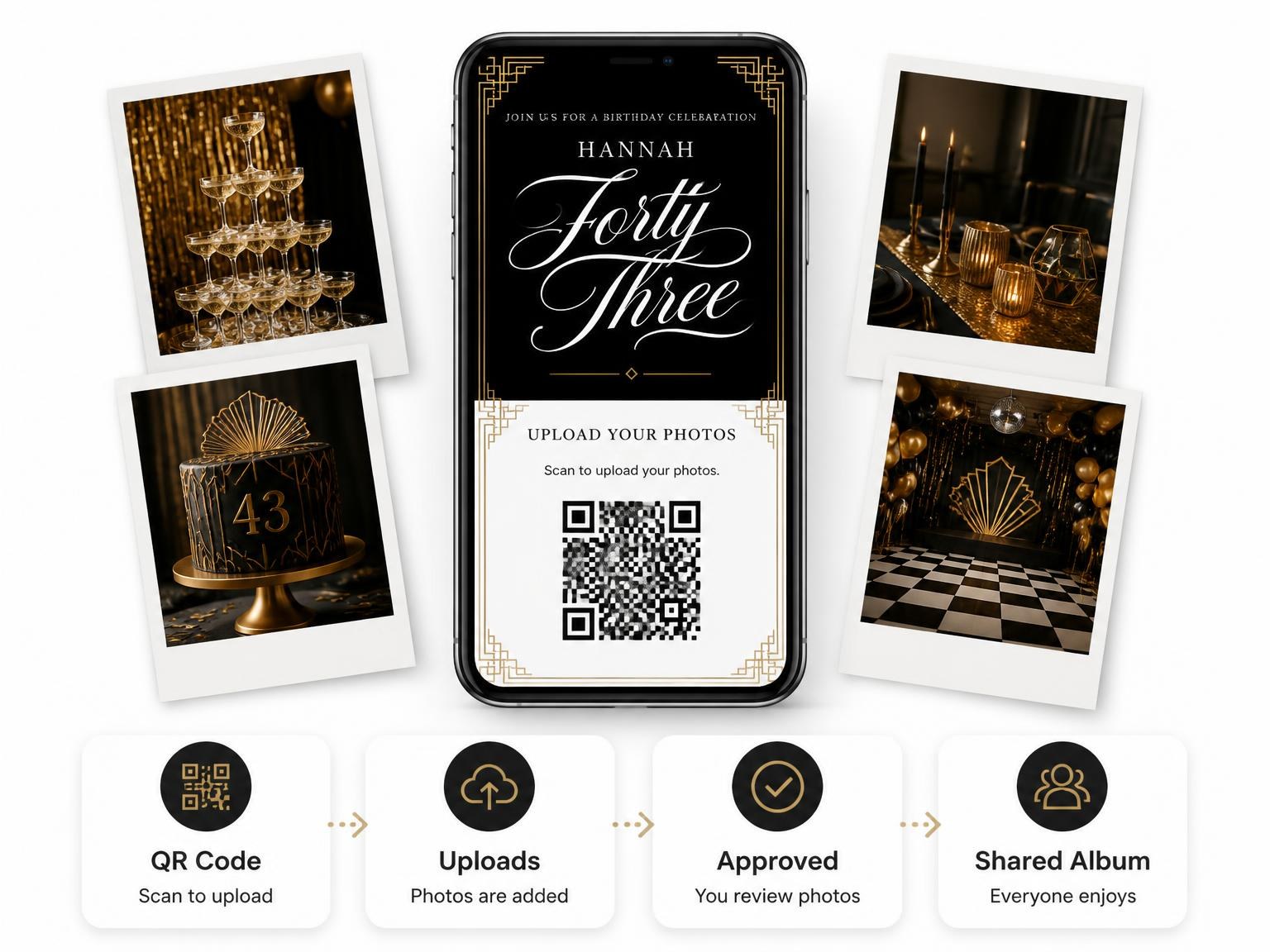 The shared photo gallery that comes with the Art Deco 43rd Birthday Invitation invitation