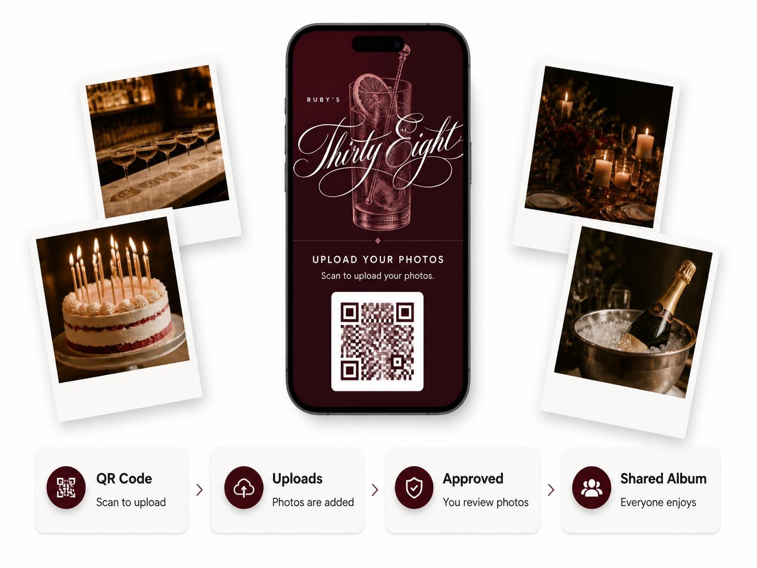 The shared photo gallery that comes with the Burgundy Cocktail 38th Birthday Invitation invitation