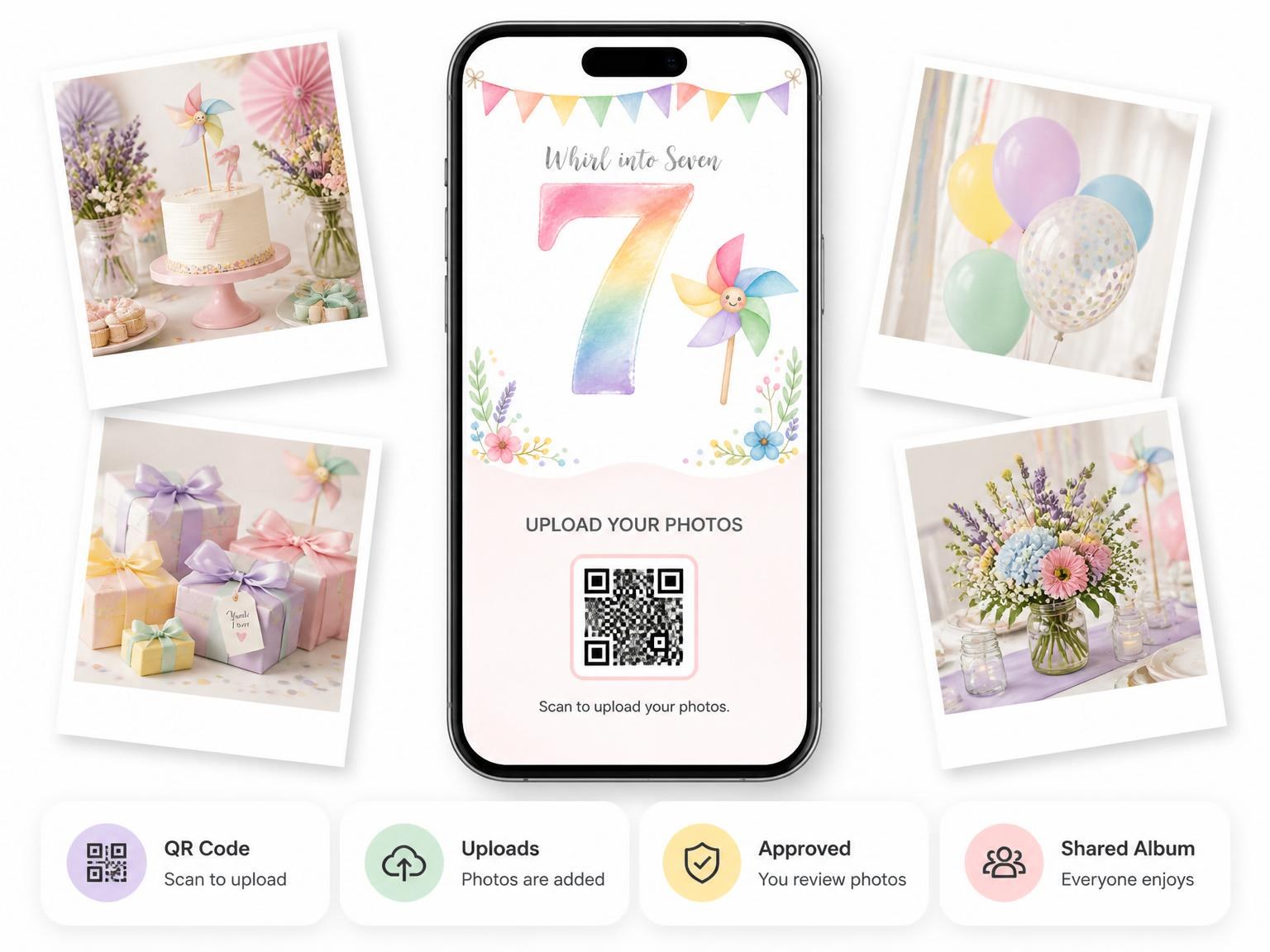 The shared photo gallery that comes with the Pastel Rainbow Pinwheel 7th Birthday invitation