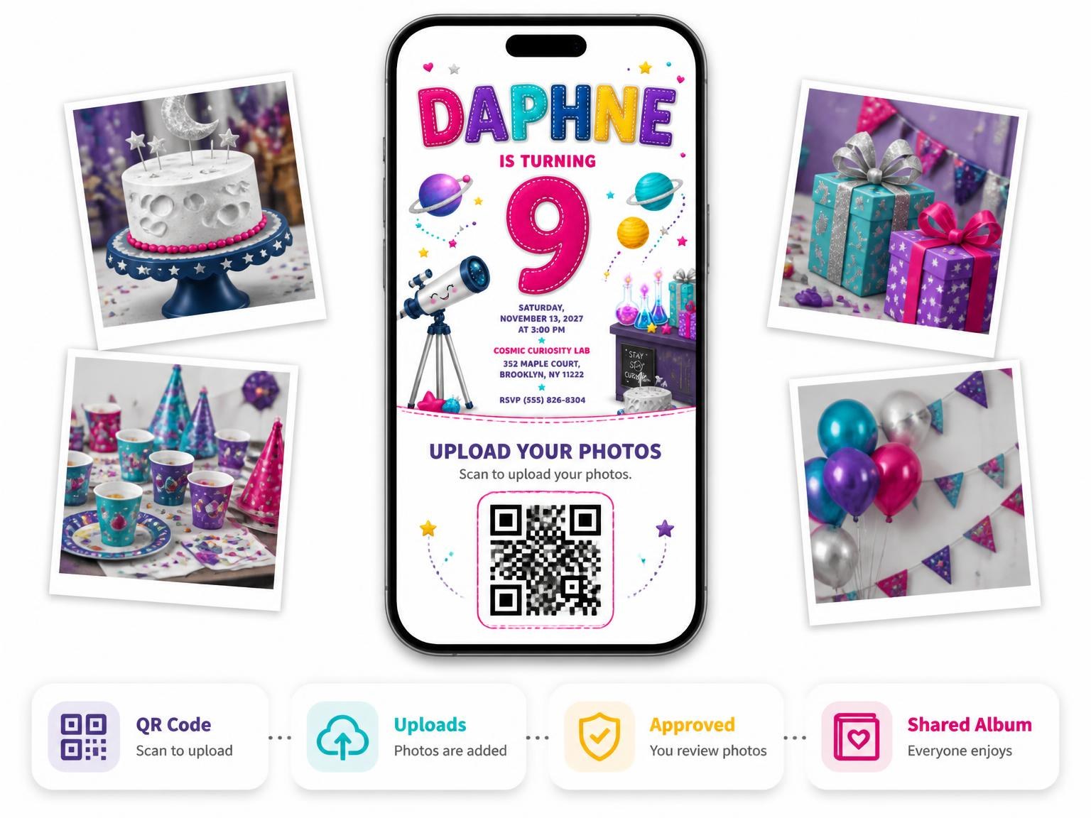 The shared photo gallery that comes with the Telescope Stitched 9th Birthday Invitation invitation