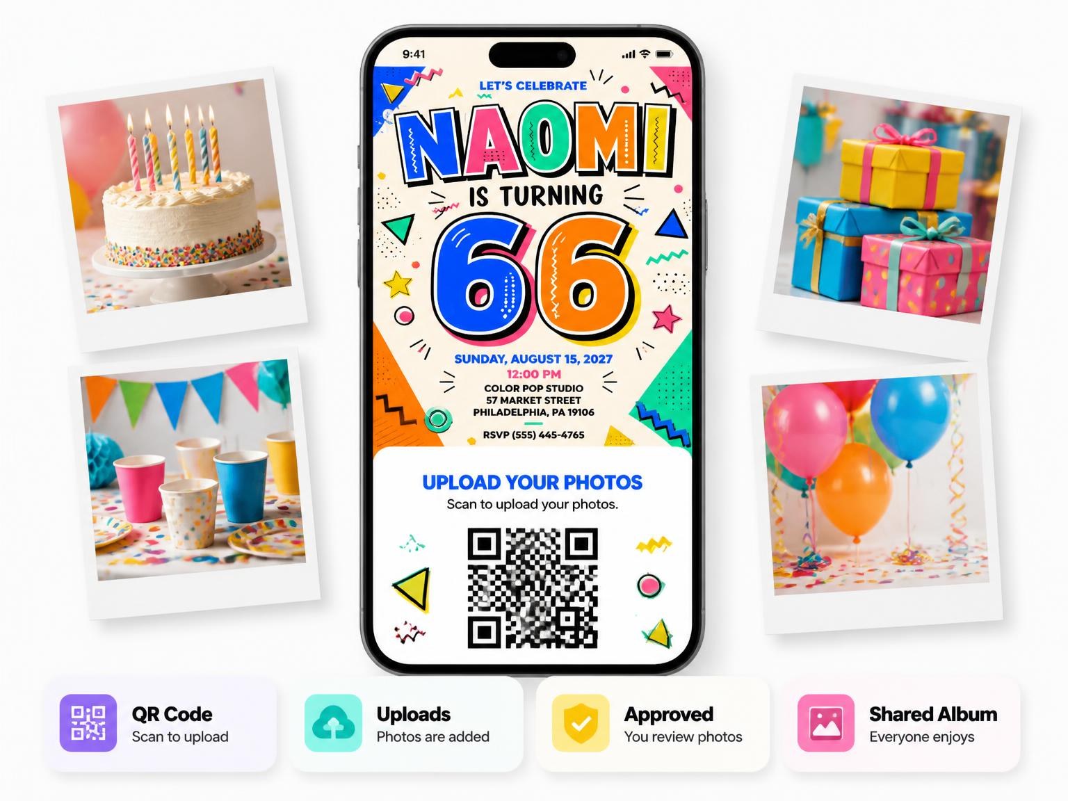 The shared photo gallery that comes with the Memphis Pop 66th Birthday Invitation invitation