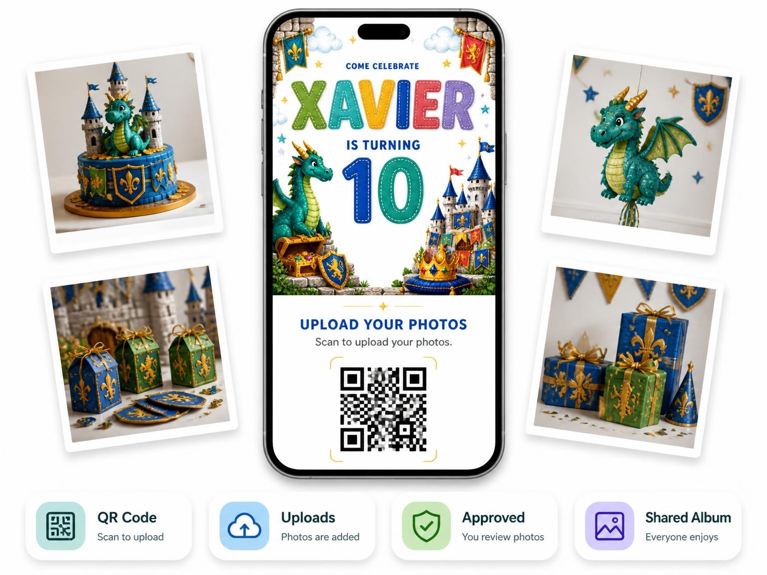 The shared photo gallery that comes with the Stitched Dragon Castle 10th Birthday Invitation invitation