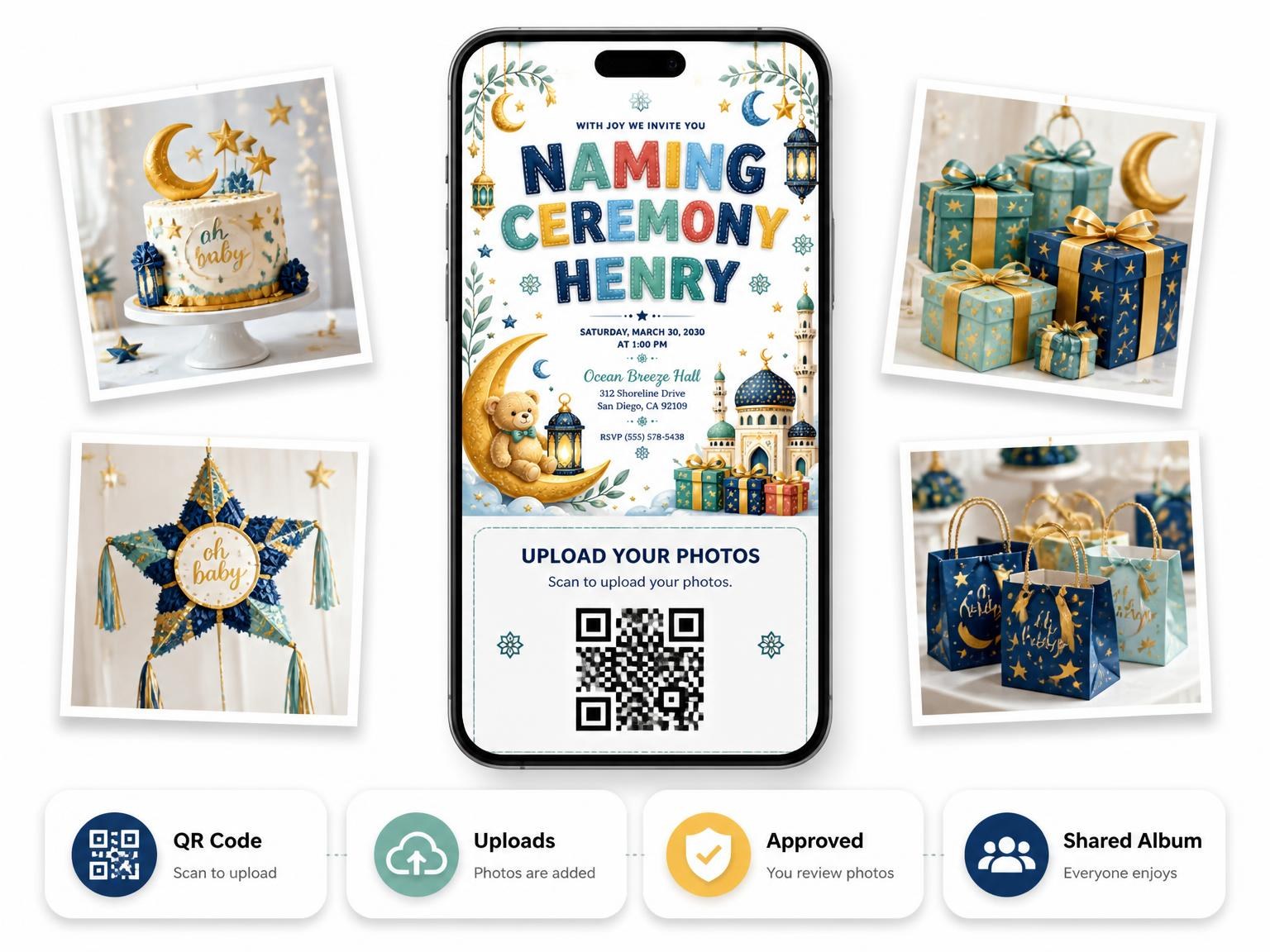 The shared photo gallery that comes with the Teddy Bear Naming Ceremony Invitation invitation