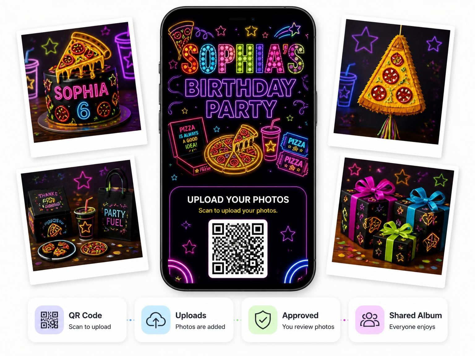 The shared photo gallery that comes with the Neon Pizza 6th Birthday Invitation invitation