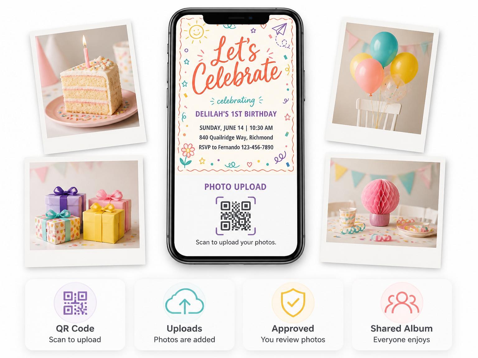 The shared photo gallery that comes with the Doodle Motif Multi-Color 1st Birthday invitation