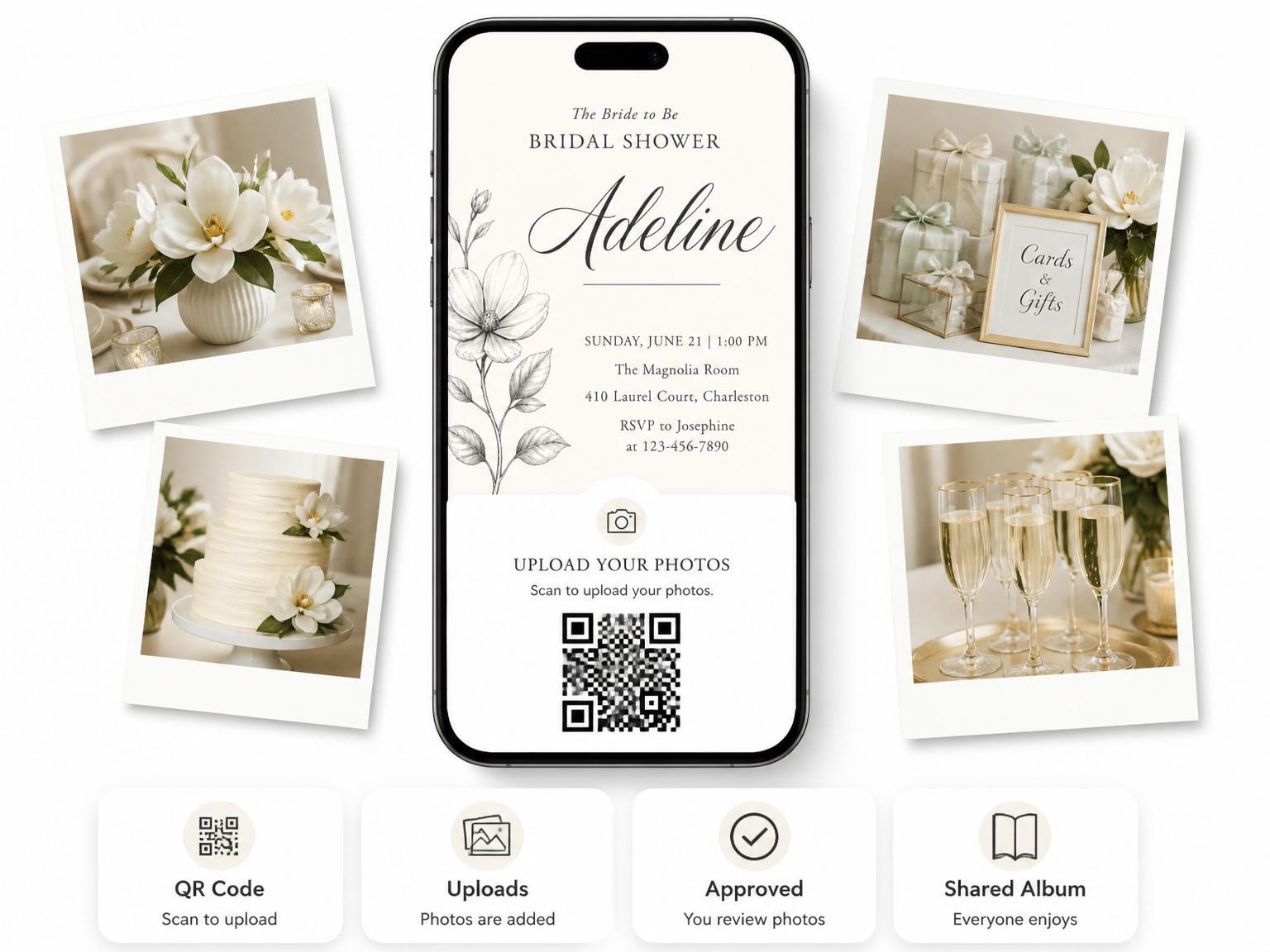 The shared photo gallery that comes with the Charcoal Botanical Cream Bridal Shower invitation