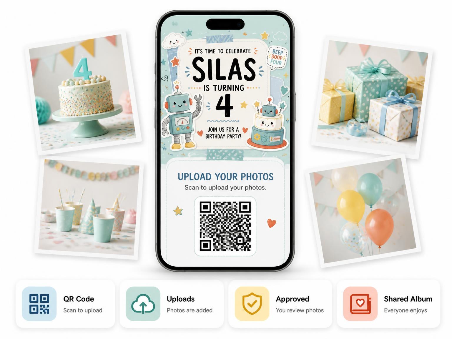 The shared photo gallery that comes with the Robot Pastel Scrapbook 4th Birthday Invitation invitation