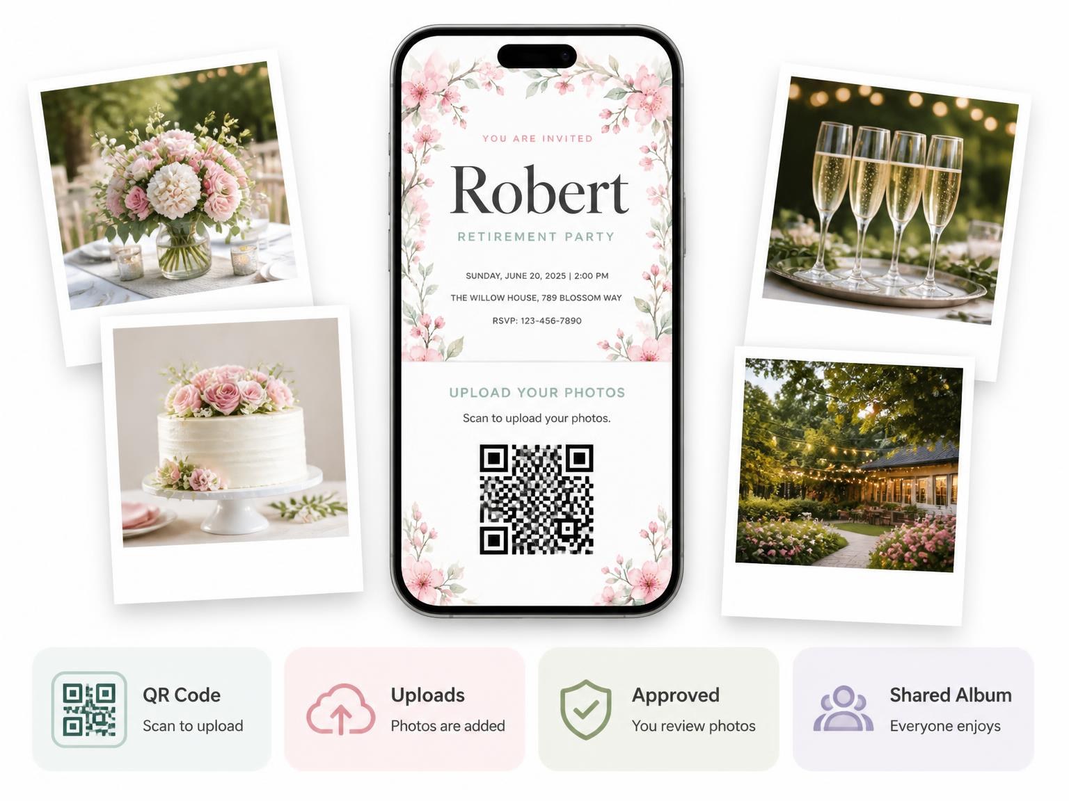 The shared photo gallery that comes with the Pink Floral Retirement Party Invitation invitation