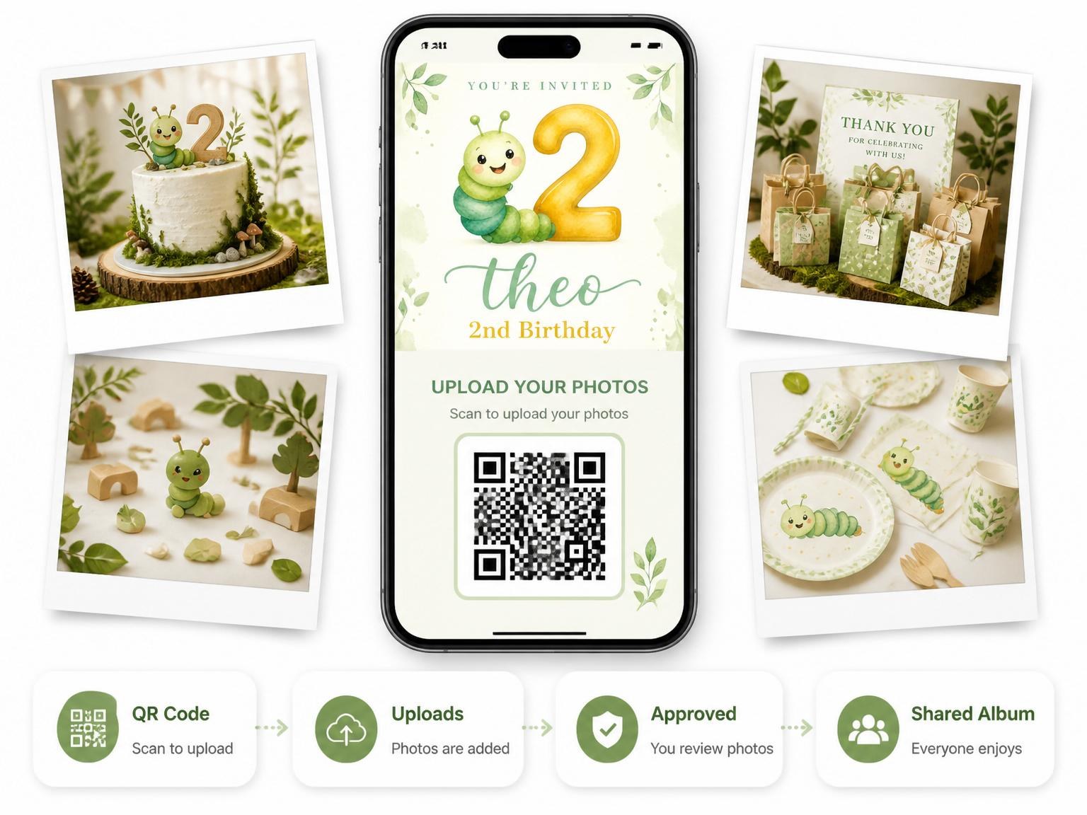 The shared photo gallery that comes with the Watercolor Caterpillar Green 2nd Birthday invitation
