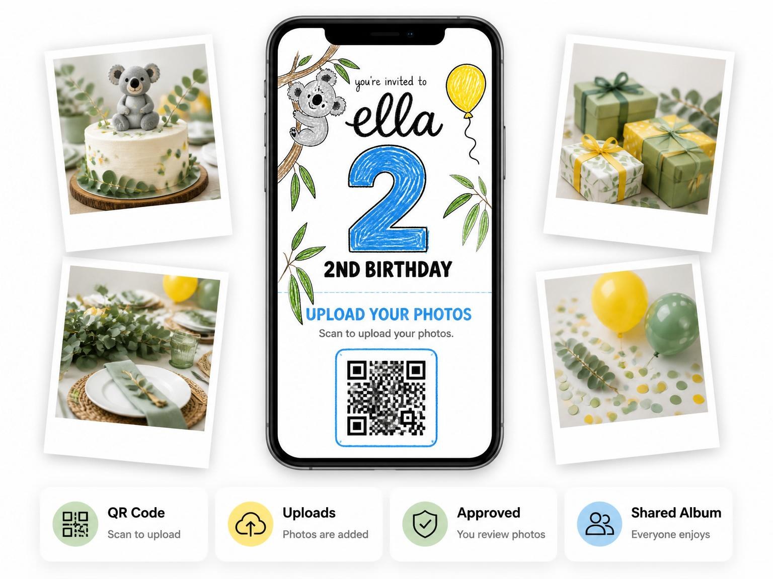 The shared photo gallery that comes with the Crayon Texture Koala 2nd Birthday Invitation invitation