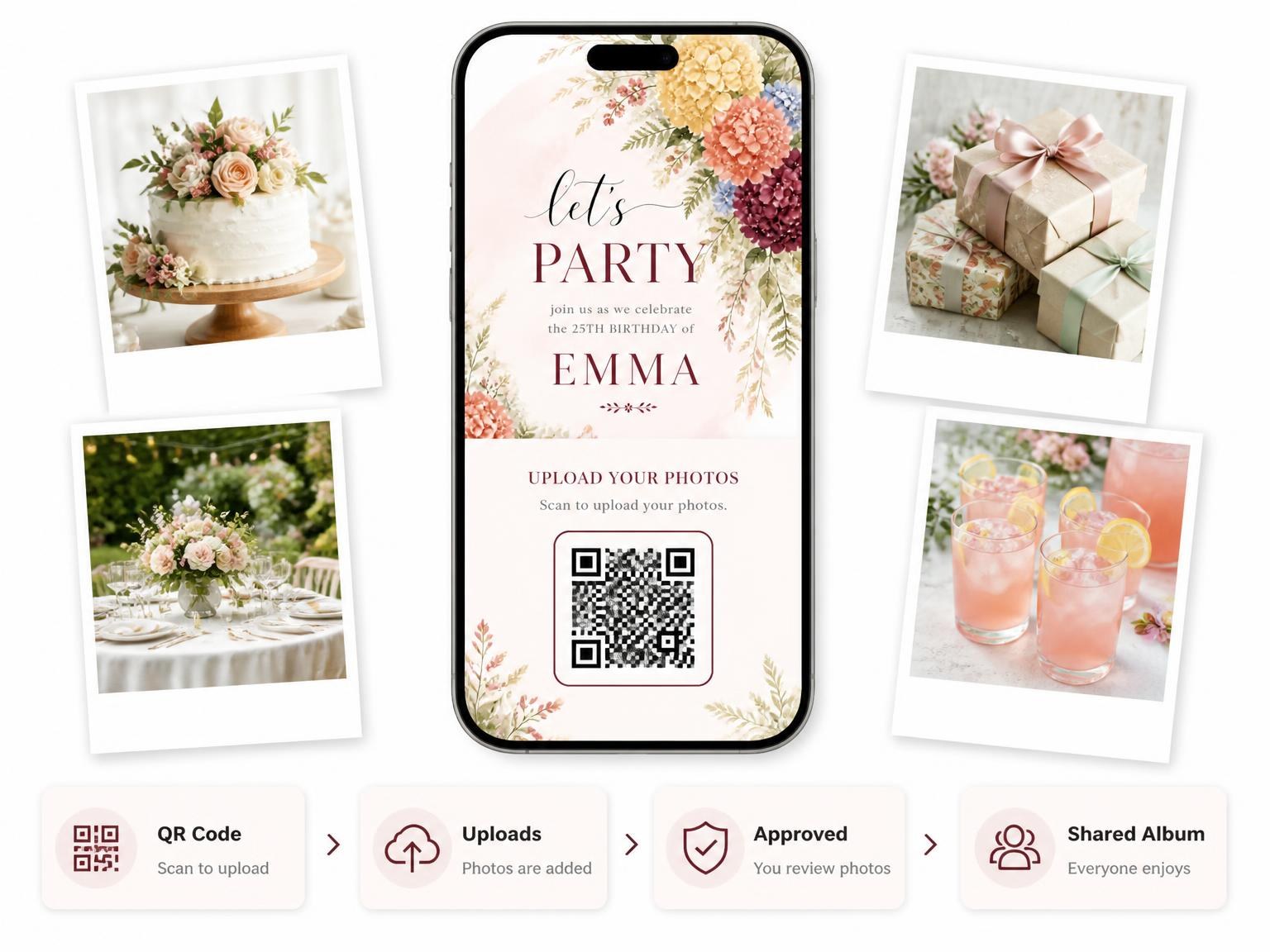 The shared photo gallery that comes with the Bouquet Greenery Golden 25th Birthday Invitation invitation