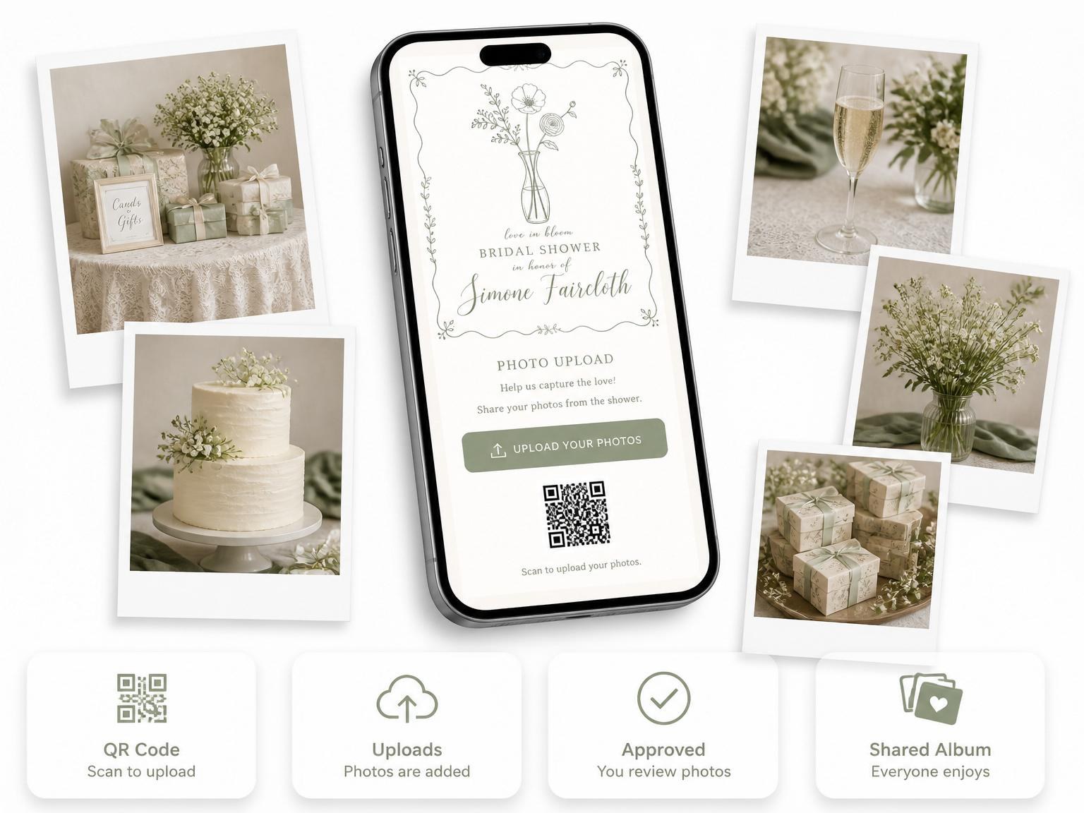 The shared photo gallery that comes with the Olive Line-Art Botanical Bridal Shower invitation