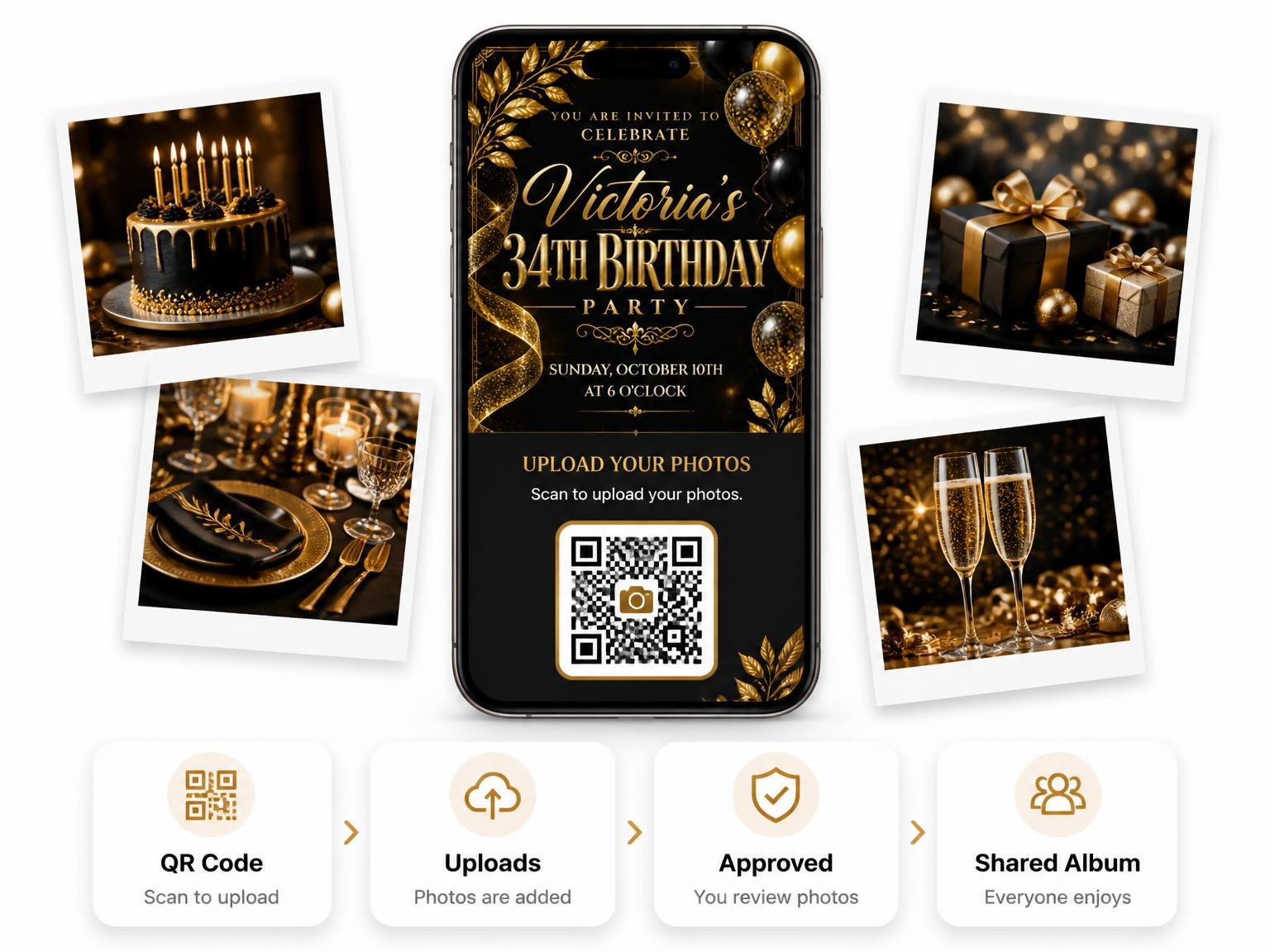 The shared photo gallery that comes with the Black and Gold 34th Birthday Invitation invitation
