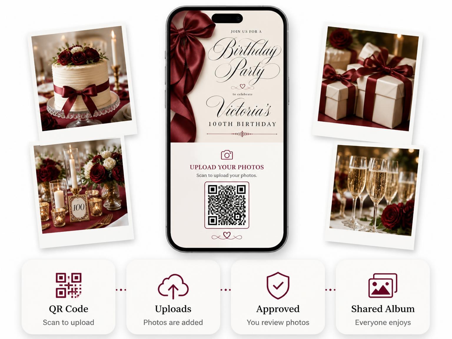 The shared photo gallery that comes with the Burgundy Satin Bow 100th Birthday Invitation invitation