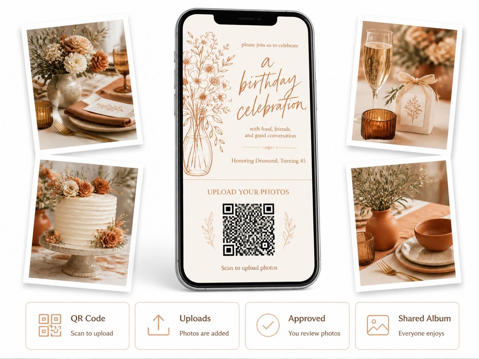 The shared photo gallery that comes with the Copper Wildflower Line-Art 45th Birthday Invitation invitation