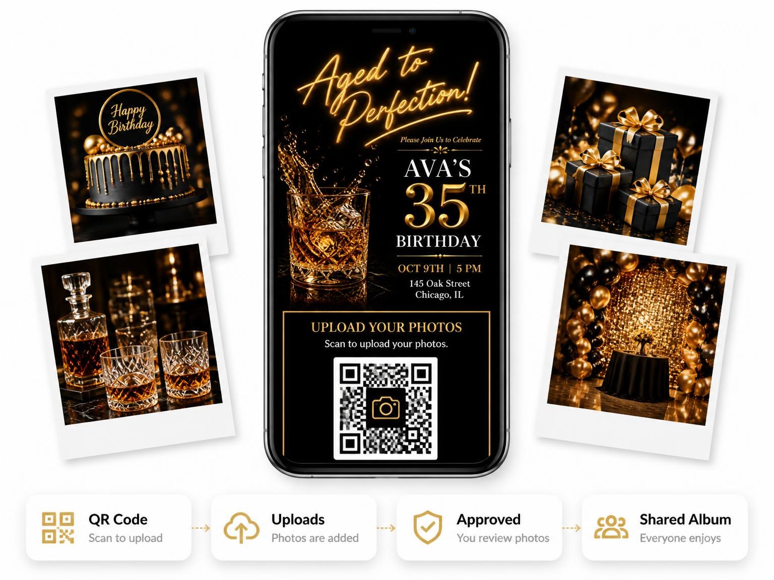 The shared photo gallery that comes with the Crystal Whiskey 35th Birthday Invitation invitation