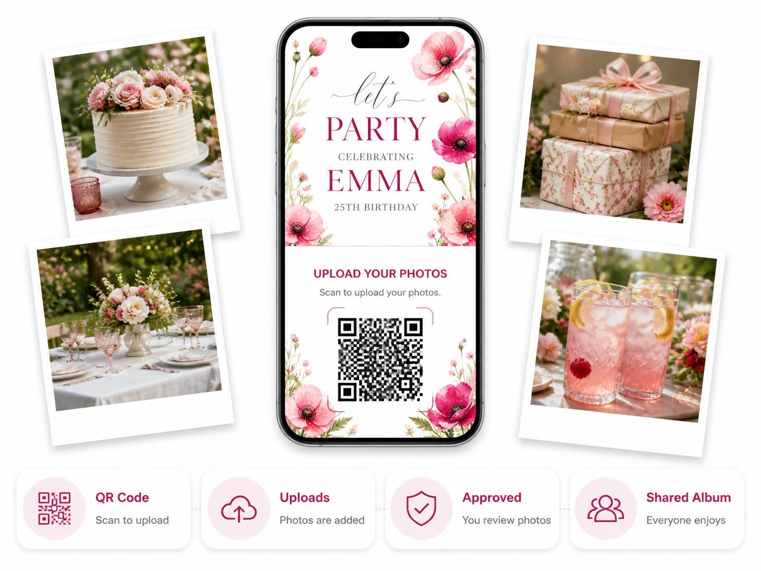 The shared photo gallery that comes with the Fuchsia Poppies Wildflowers 25th Birthday Invitation invitation
