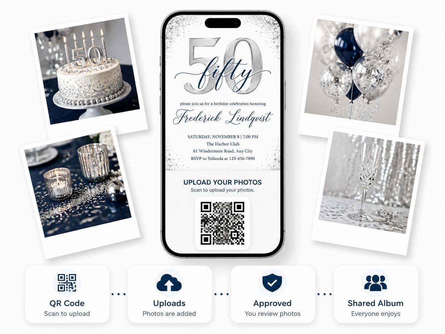 The shared photo gallery that comes with the Silver Metallic 50th Birthday Invitation invitation