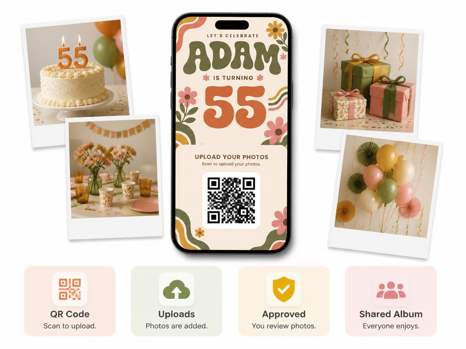 The shared photo gallery that comes with the Groovy Retro 55th Birthday Invitation invitation