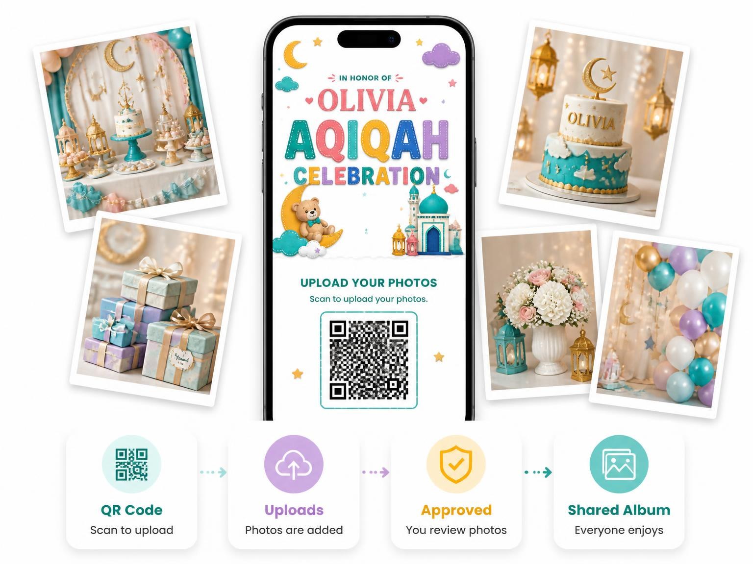 The shared photo gallery that comes with the Teddy Bear Moon and Stars Aqiqah Invitation invitation