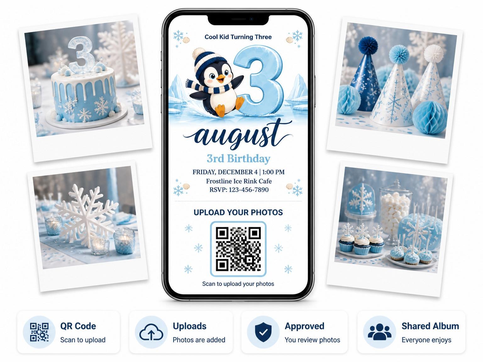 The shared photo gallery that comes with the Blue Penguin Winter 3rd Birthday invitation