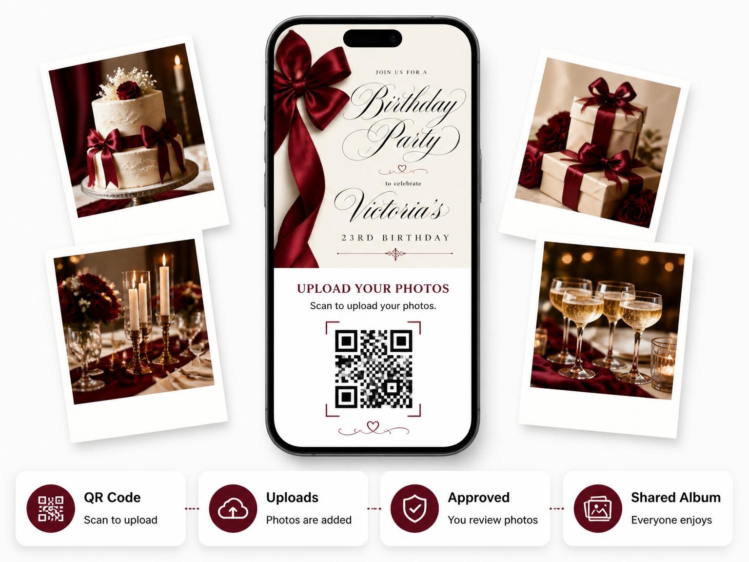 The shared photo gallery that comes with the Burgundy Satin Bow 23rd Birthday Invitation invitation