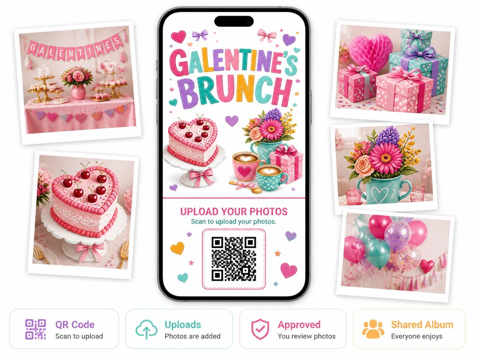 The shared photo gallery that comes with the Vintage Heart Cake Galentine's Brunch Invitation invitation