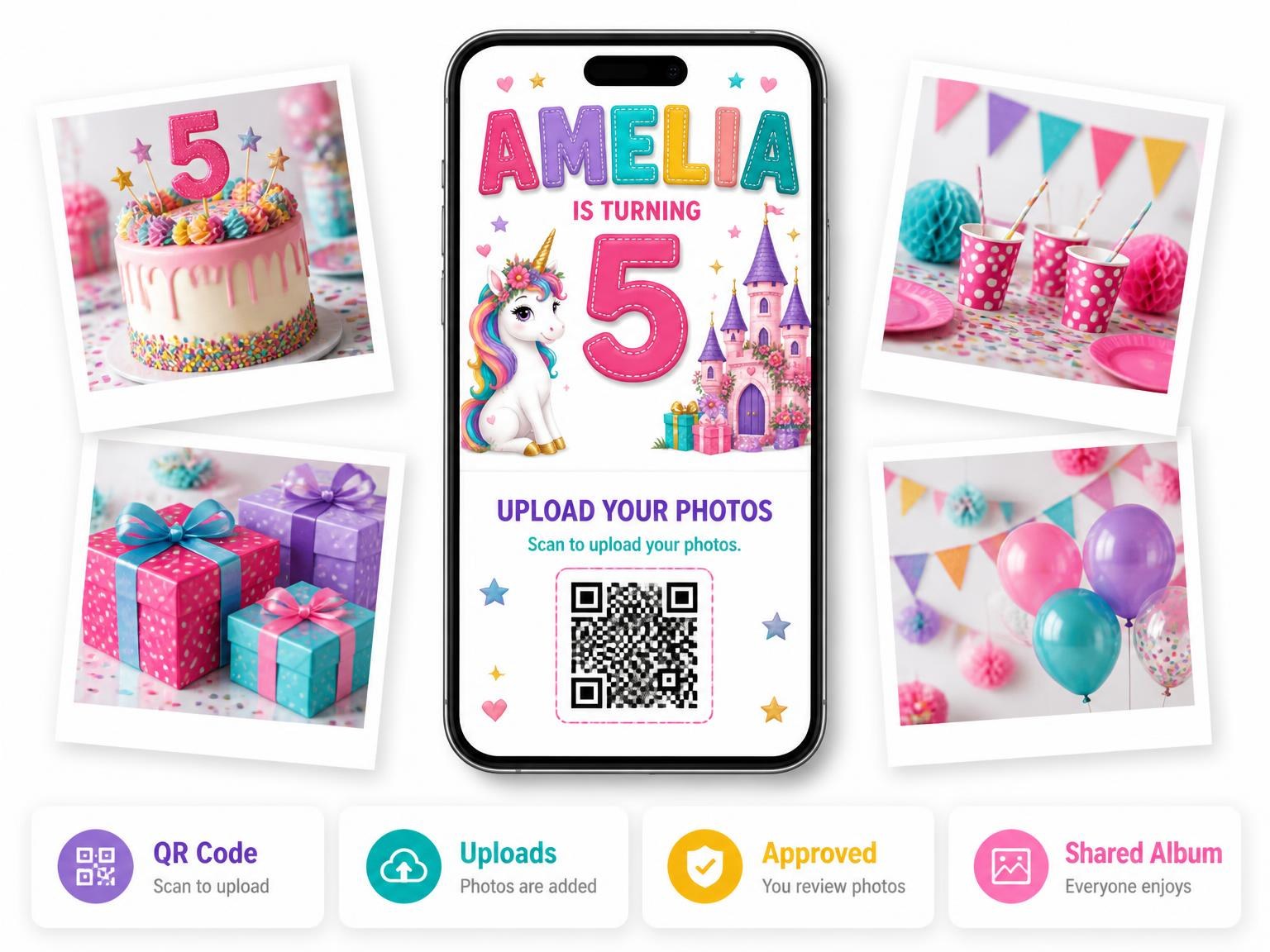 The shared photo gallery that comes with the Stitched Unicorn Castle 5th Birthday Invitation invitation