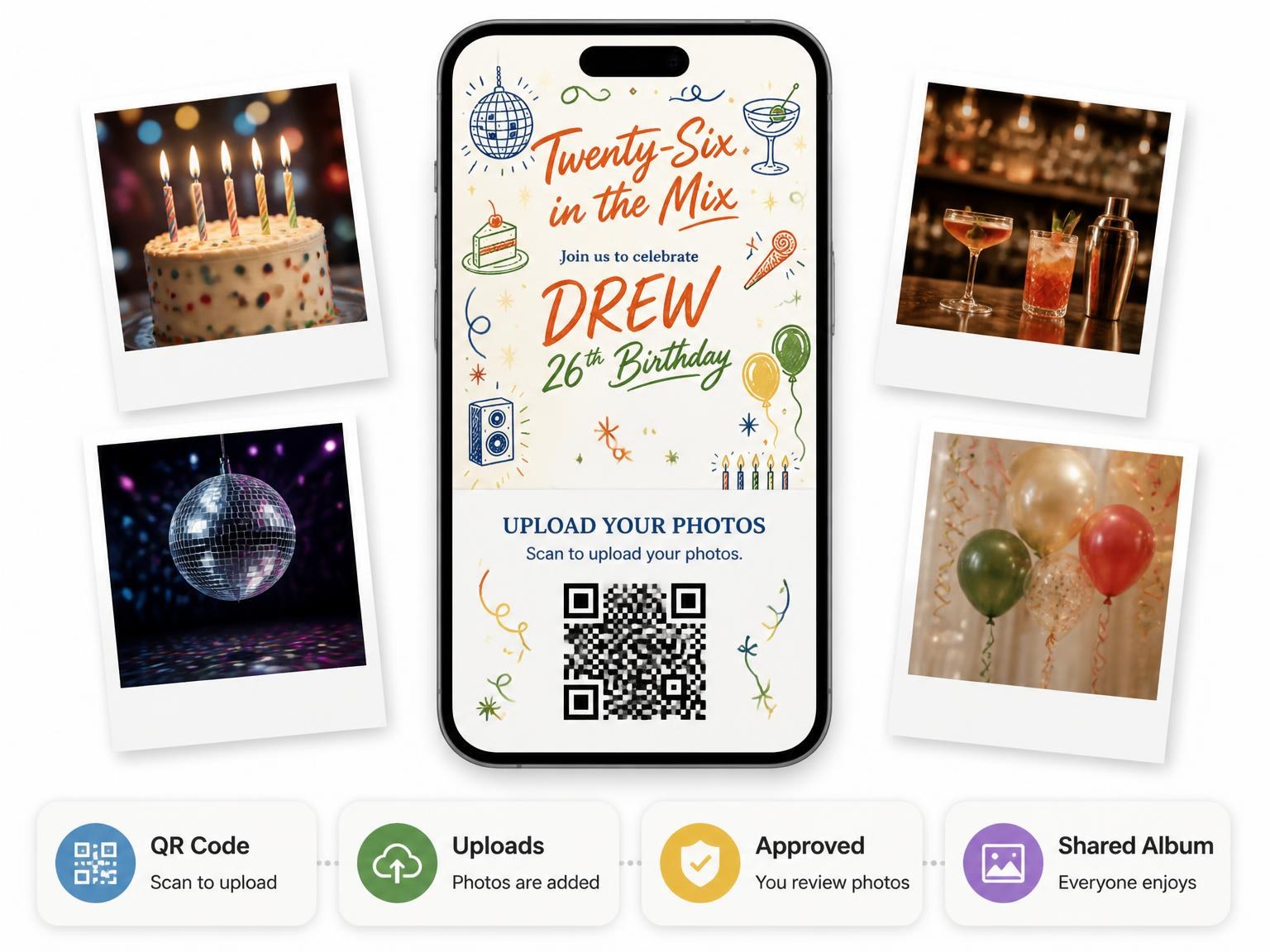 The shared photo gallery that comes with the Retro Doodle 26th Birthday Invitation invitation