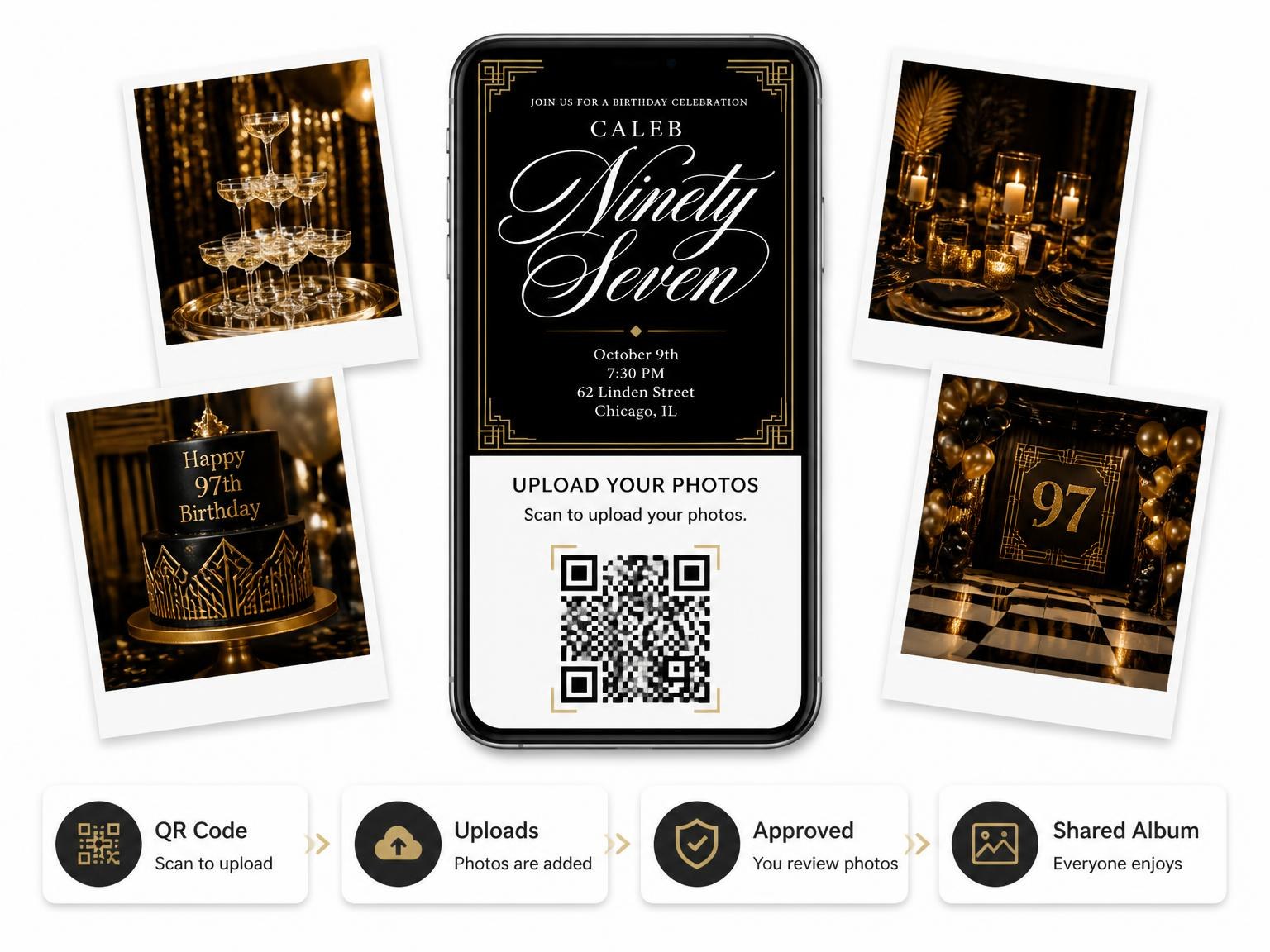 The shared photo gallery that comes with the Art Deco 97th Birthday Invitation invitation