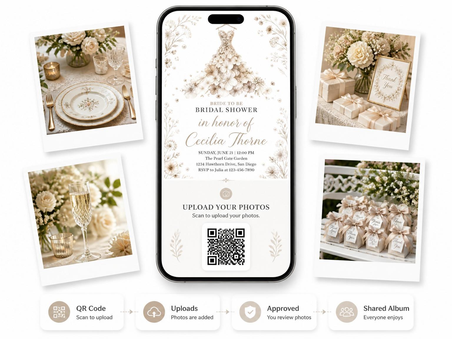 The shared photo gallery that comes with the Watercolor Hydrangea Gown Bridal Shower invitation