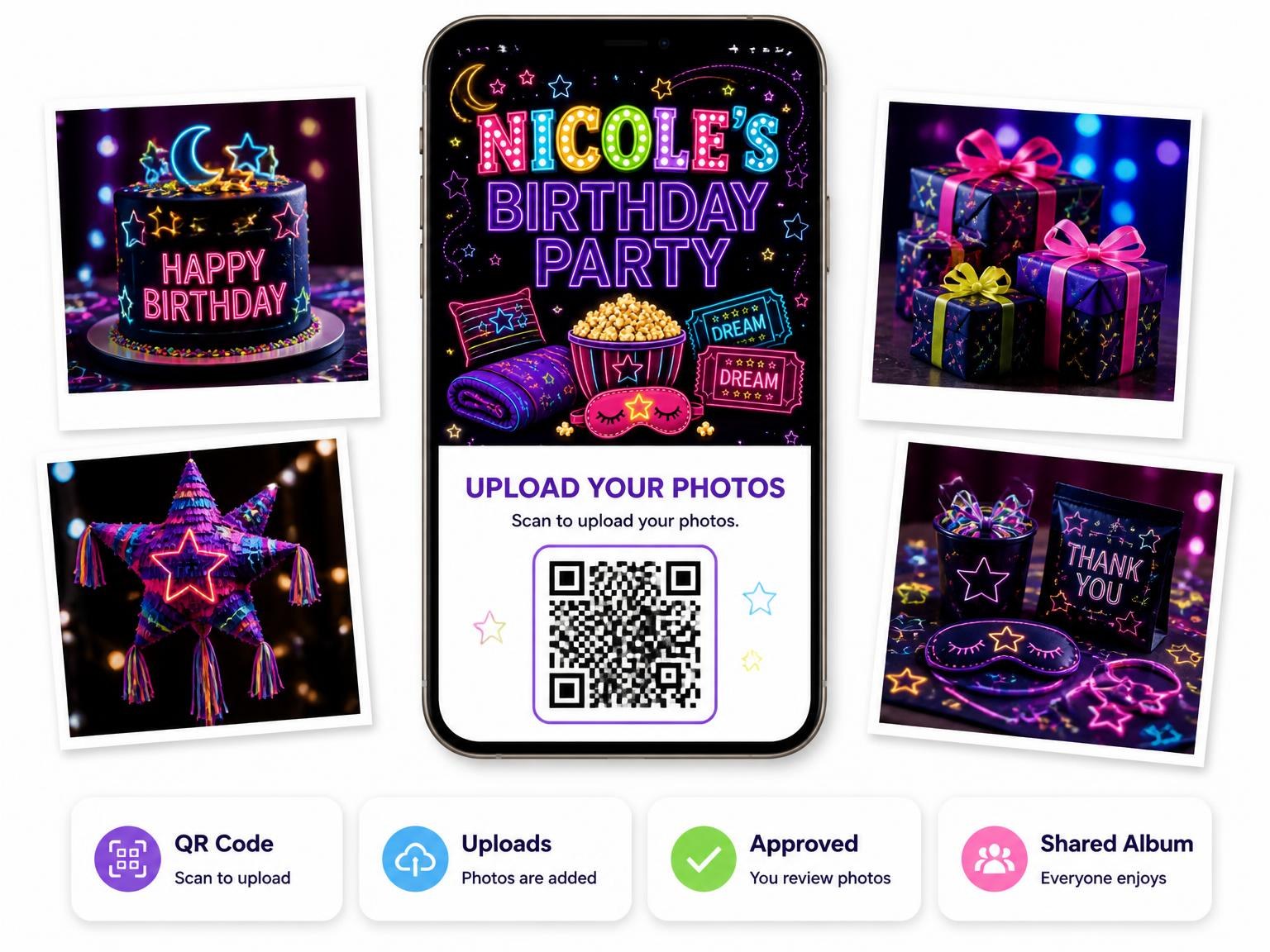 The shared photo gallery that comes with the Neon Pajama 25th Birthday Invitation invitation