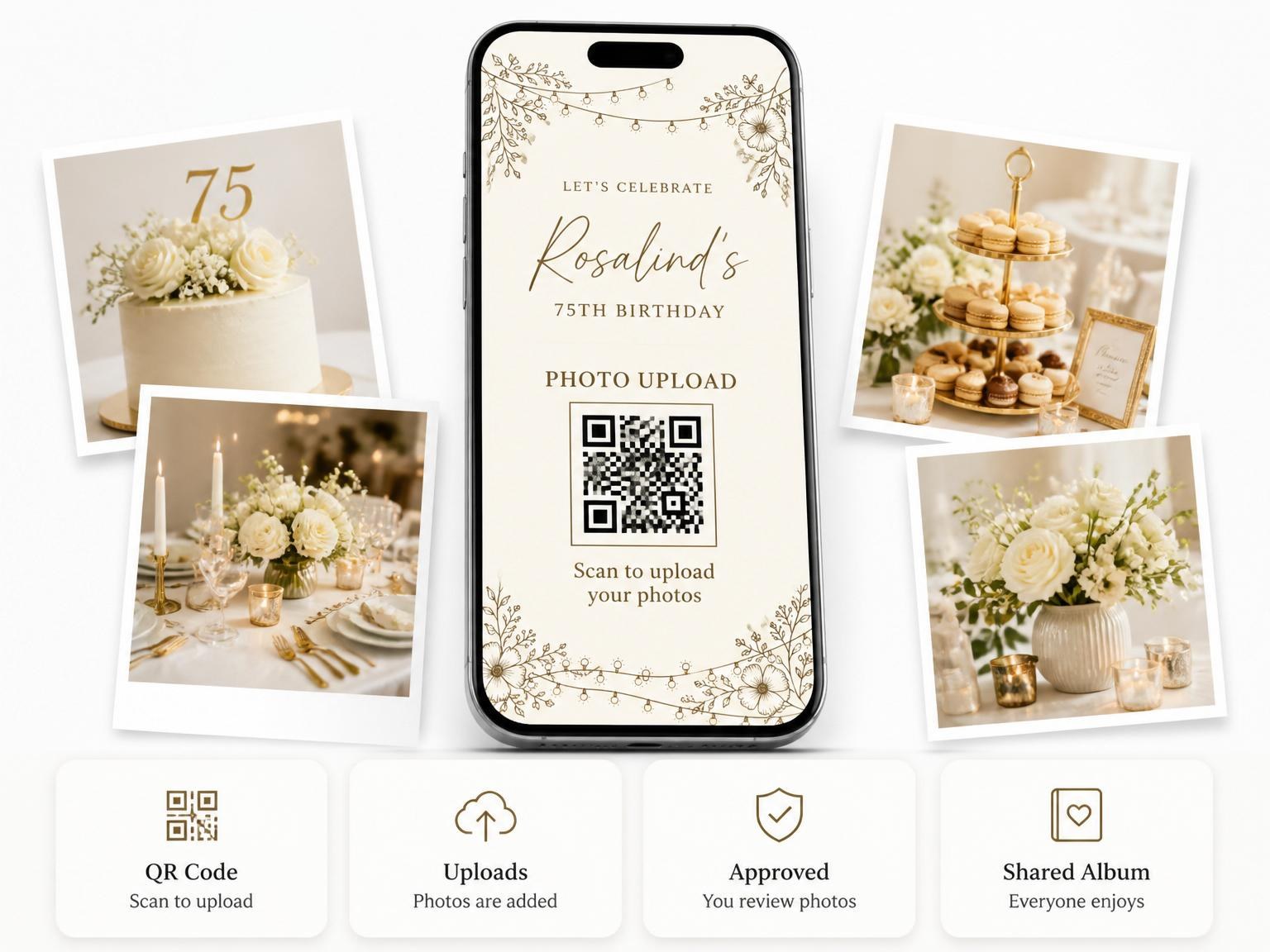 The shared photo gallery that comes with the Sepia Line-Art Floral 75th Birthday Invitation invitation