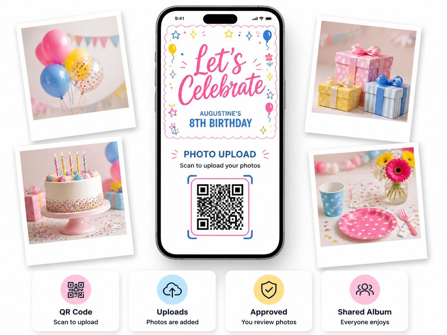 The shared photo gallery that comes with the Pink Scalloped Balloon 8th Birthday Invitation invitation