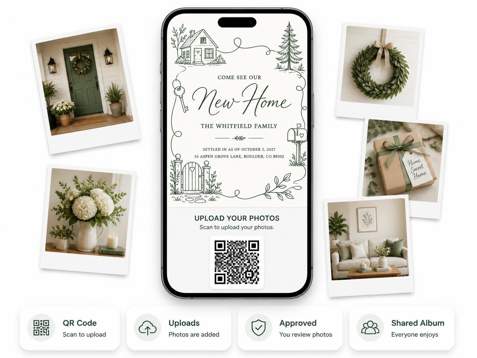 The shared photo gallery that comes with the Forrest Green Housewarming Invitation invitation