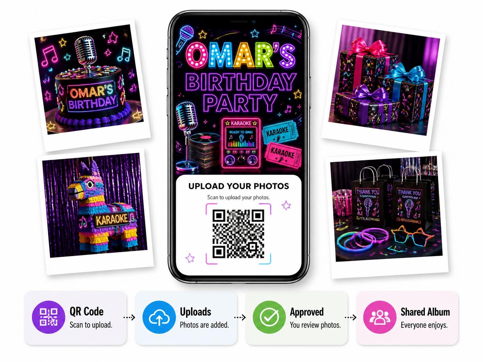 The shared photo gallery that comes with the Neon Karaoke 19th Birthday Invitation invitation