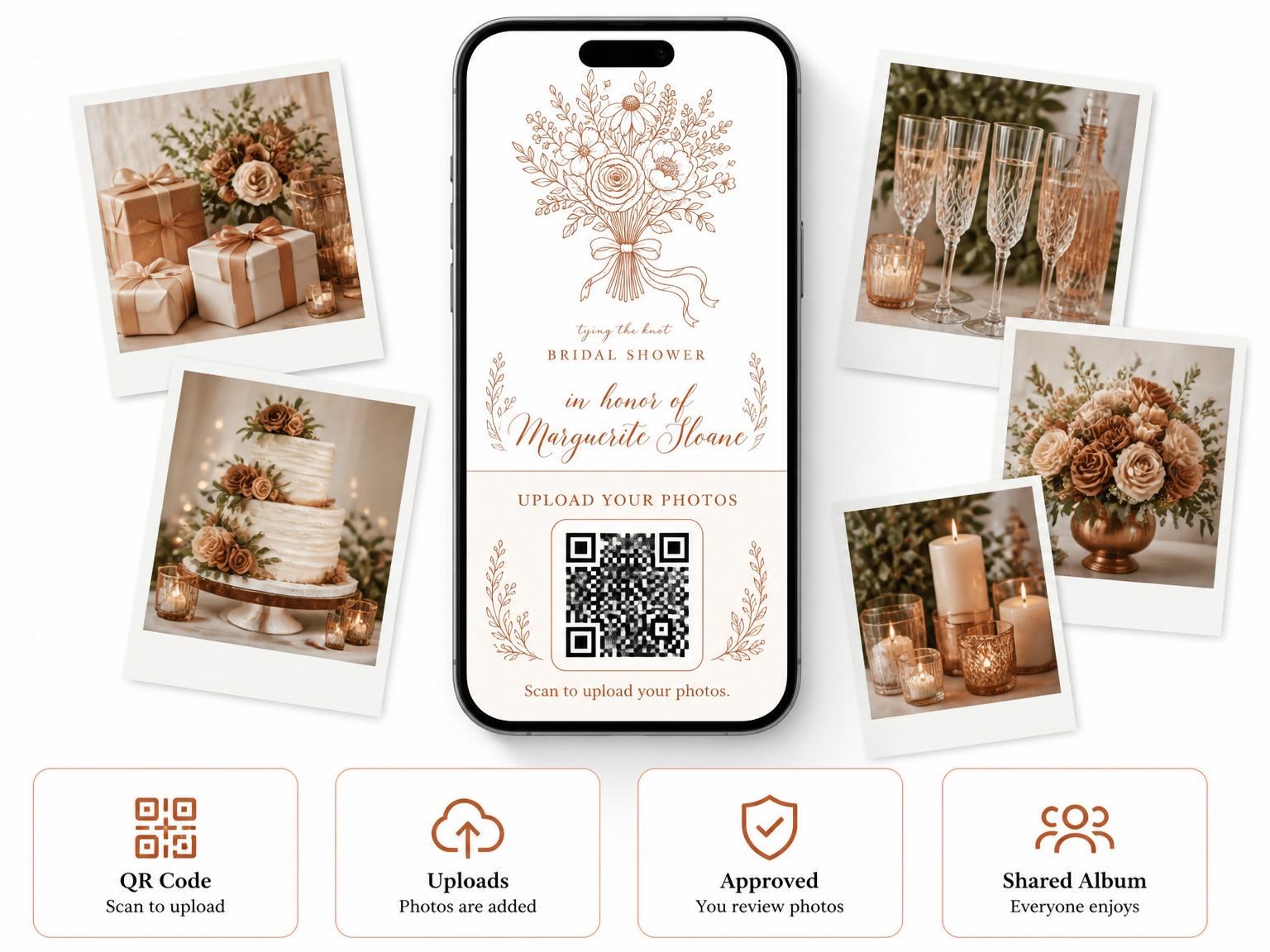 The shared photo gallery that comes with the Terracotta Botanical Line Art Bridal Shower invitation