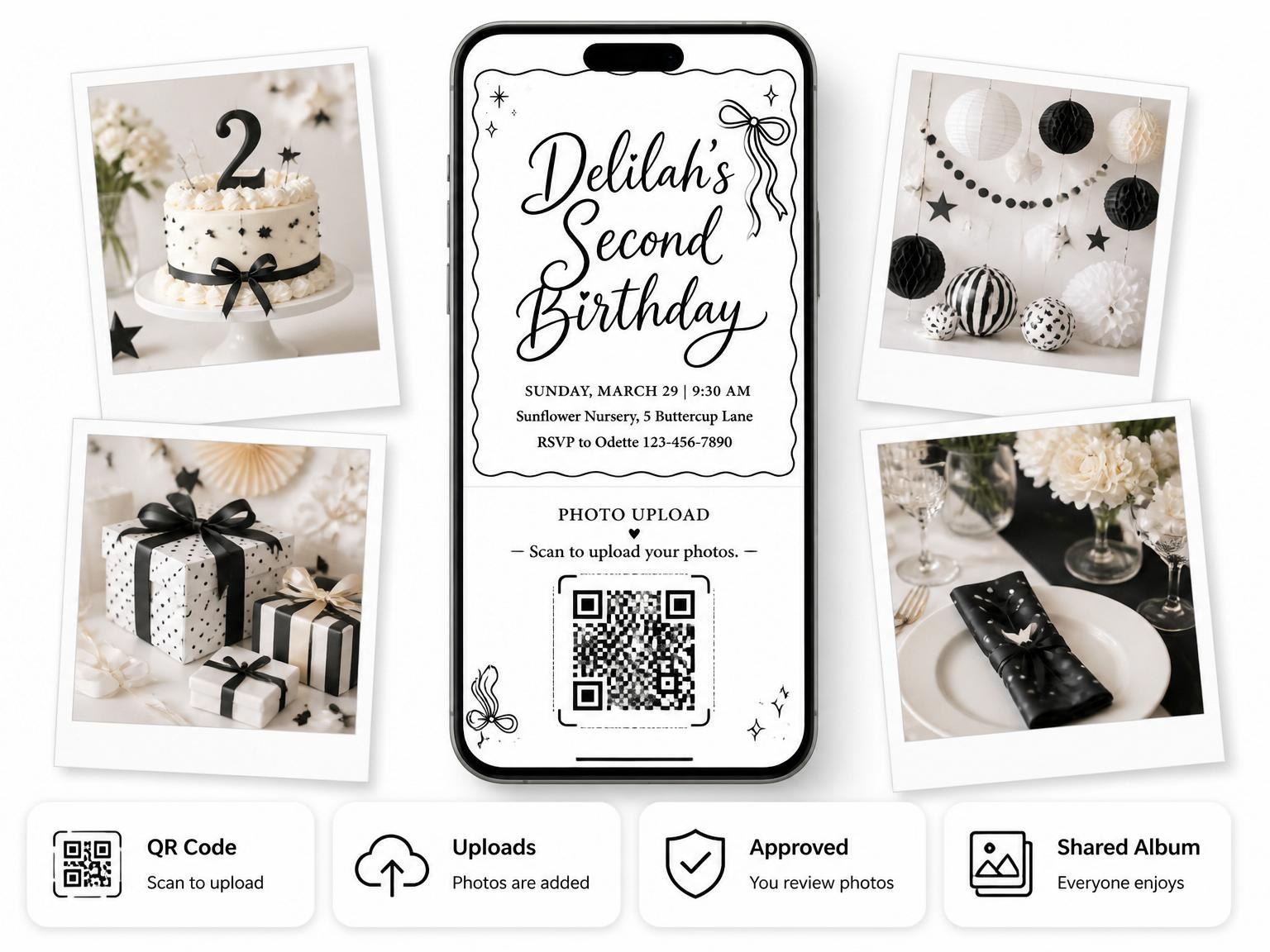 The shared photo gallery that comes with the Black and White Bow 2nd Birthday invitation