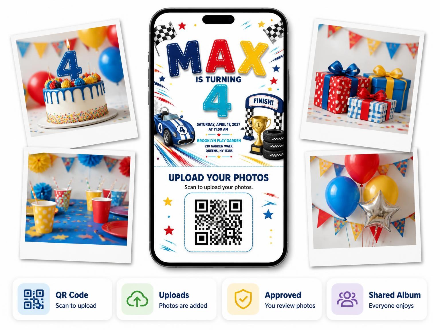 The shared photo gallery that comes with the Stitched Finish Line 4th Birthday Invitation invitation