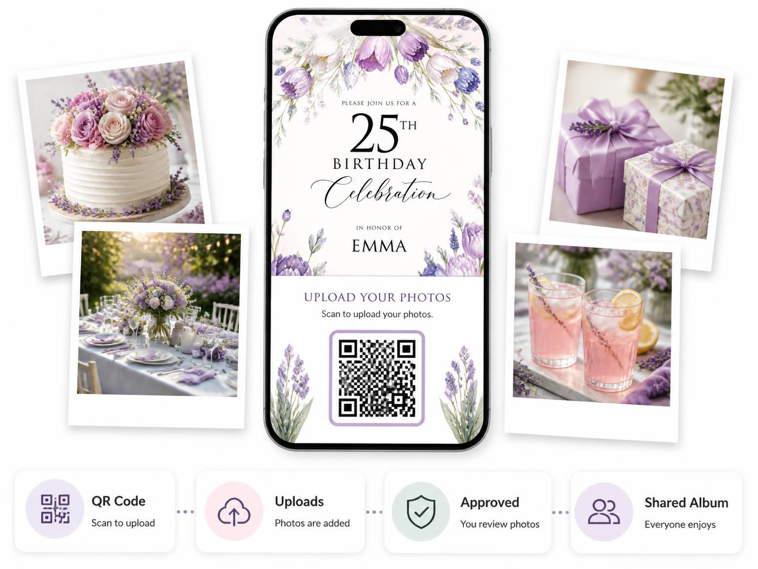The shared photo gallery that comes with the Lavender Tulip 25th Birthday Invitation invitation