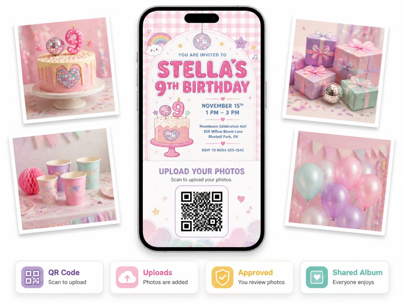 The shared photo gallery that comes with the Rainbow Cloud Kawaii 9th Birthday Invitation invitation