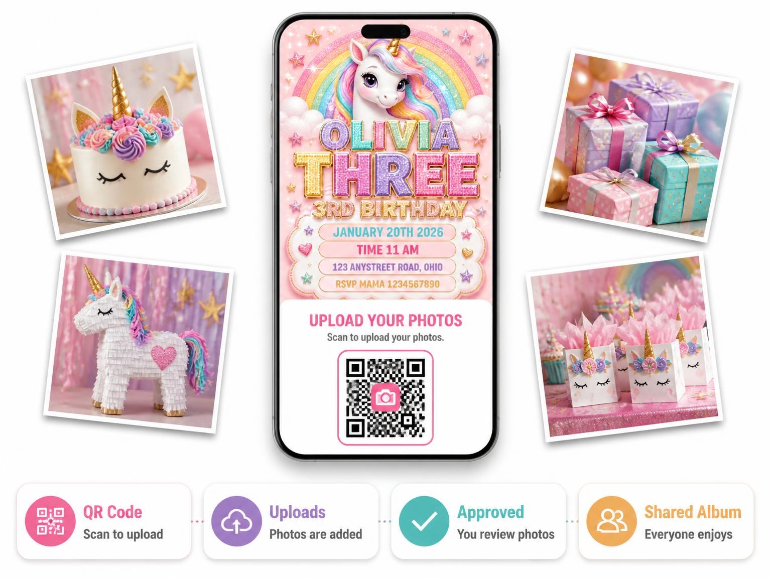 The shared photo gallery that comes with the Glitter Unicorn 3rd Birthday Invitation invitation