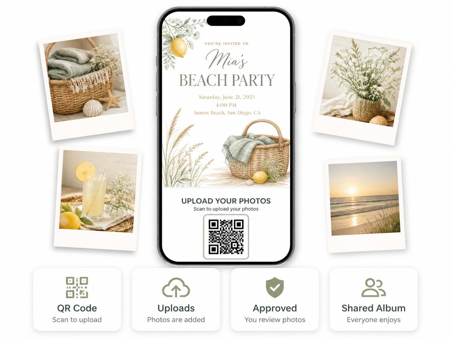 The shared photo gallery that comes with the Watercolor Lemon Picnic Beach Party Invitation invitation