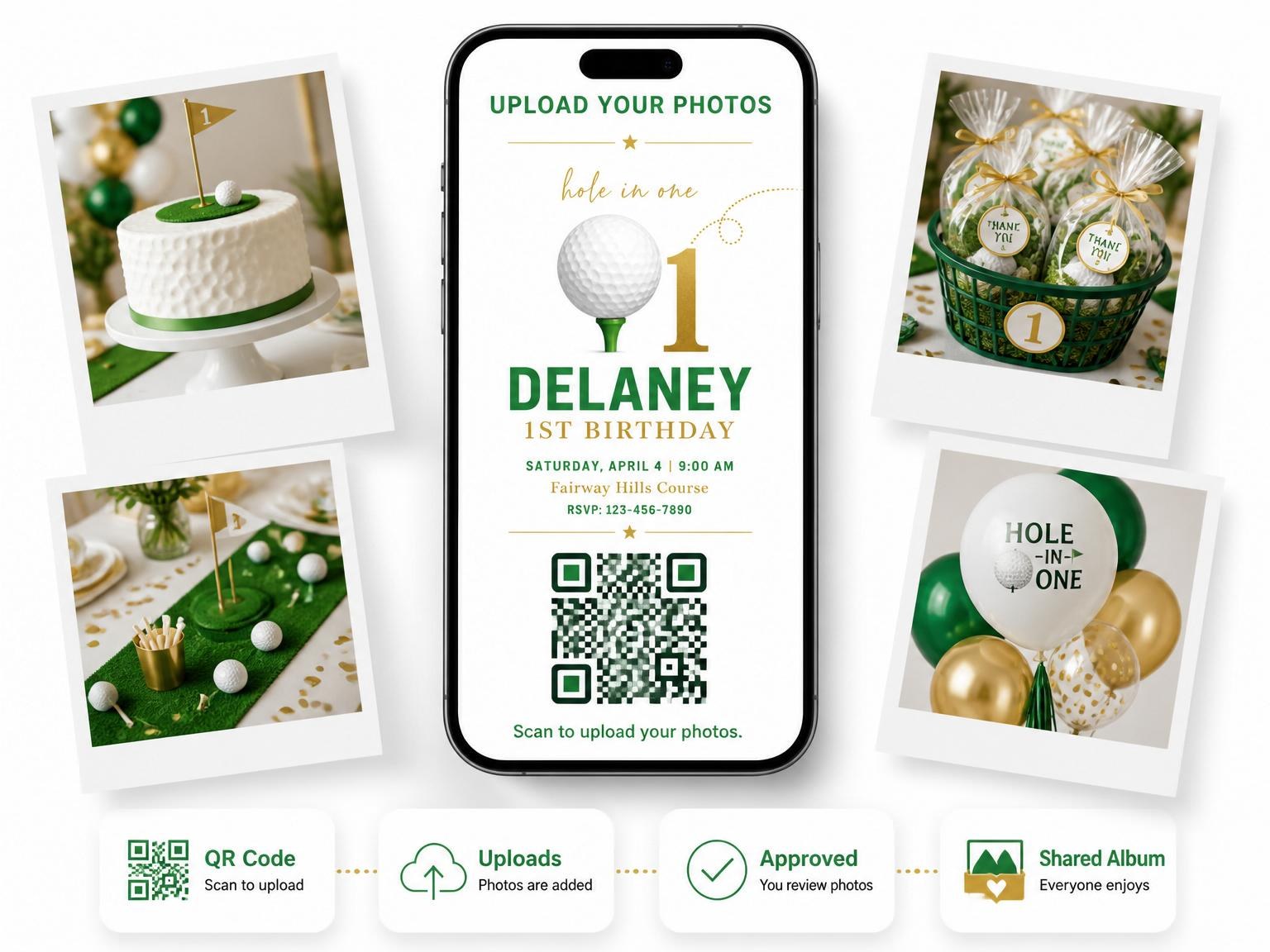 The shared photo gallery that comes with the Gold Golf Ball 1st Birthday invitation