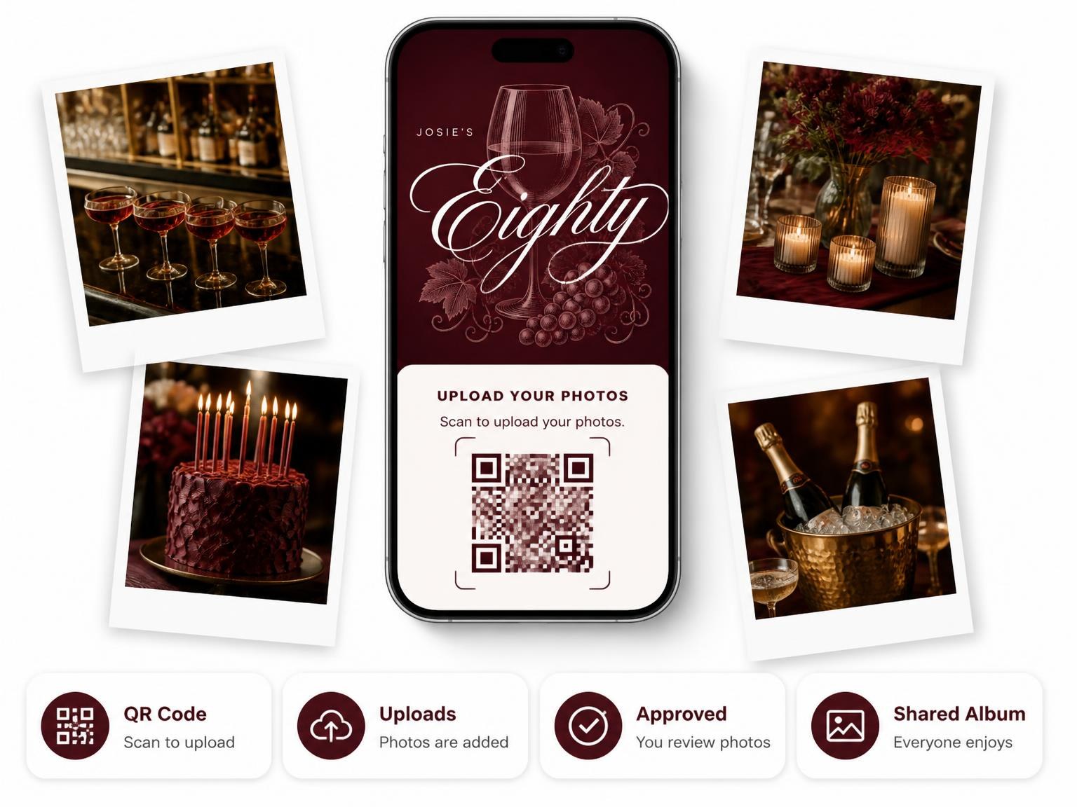 The shared photo gallery that comes with the Burgundy Cocktail 80th Birthday Invitation invitation