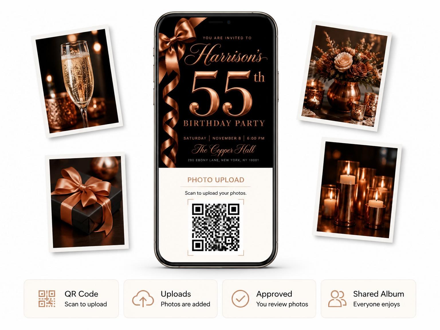 The shared photo gallery that comes with the Copper Ribbon Matte Black Birthday invitation