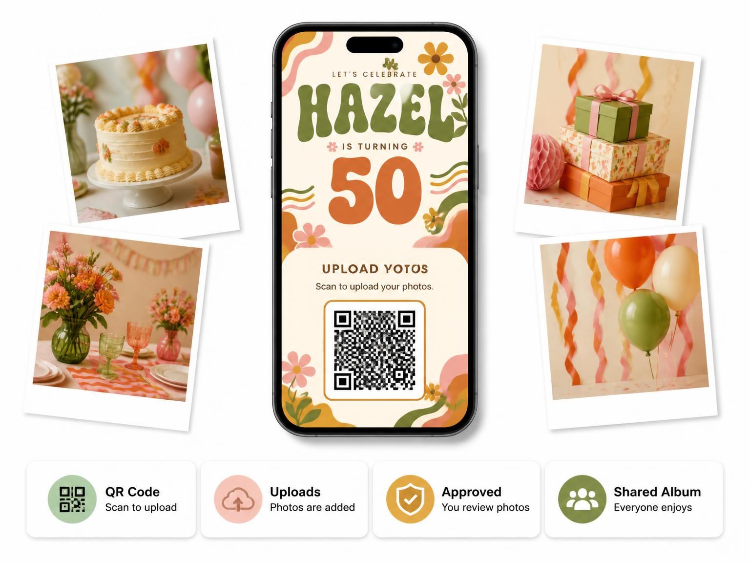 The shared photo gallery that comes with the Groovy Retro 50th Birthday Invitation invitation